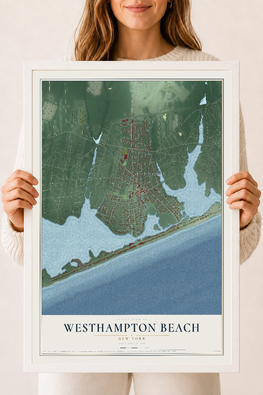 Westhampton Beach, New York map print, 18" x 24" W/ White Ayous Wood Frame mockup