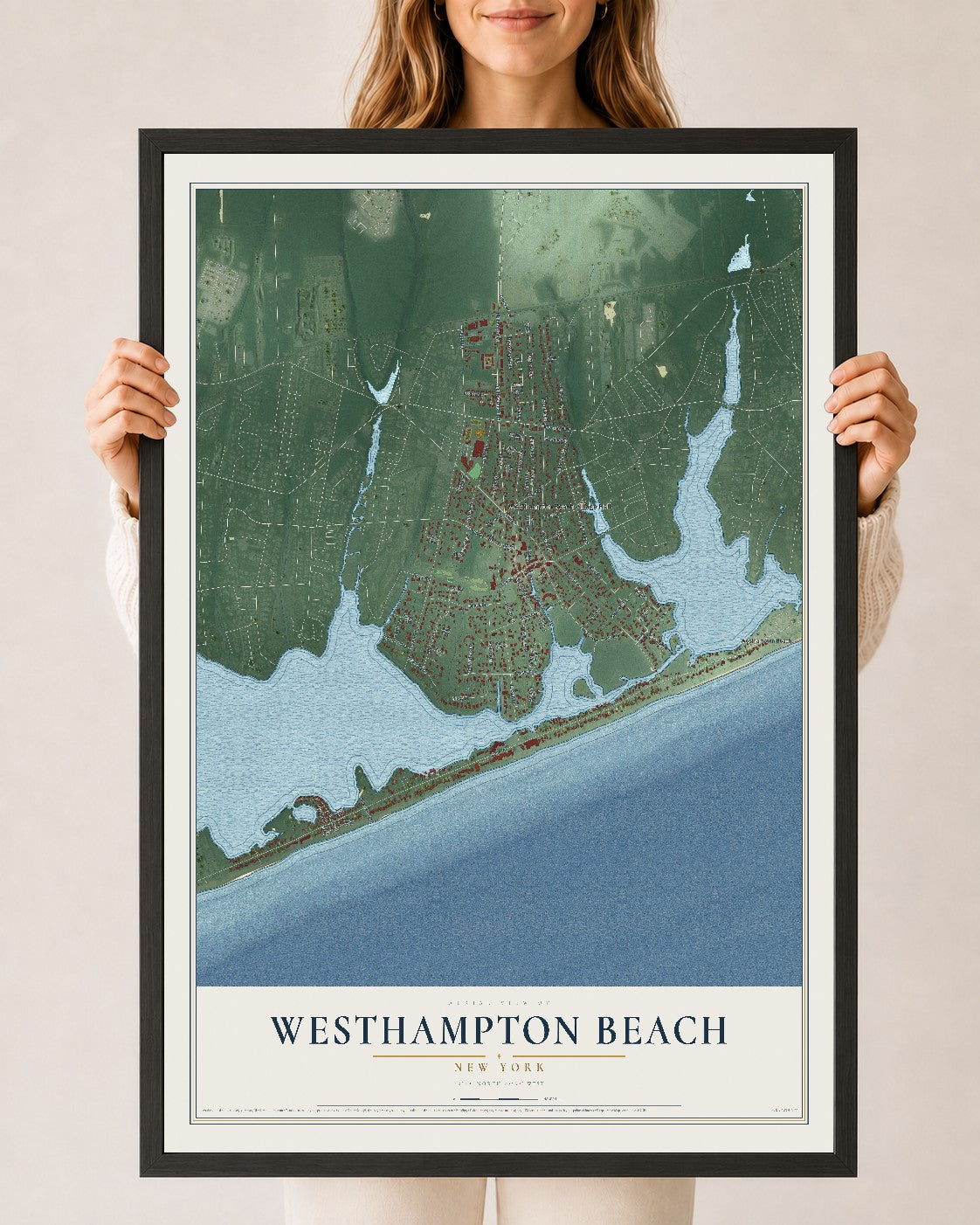 Westhampton Beach, New York map print, 24" x 36" W/ Black Ayous Wood Frame mockup
