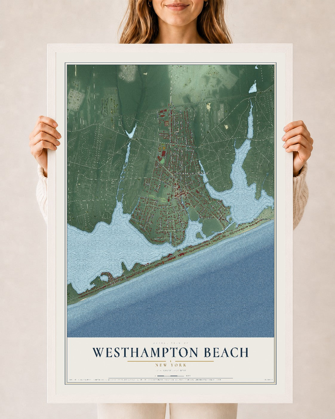 Westhampton Beach, New York map print, 24" x 36" W/ White Ayous Wood Frame mockup