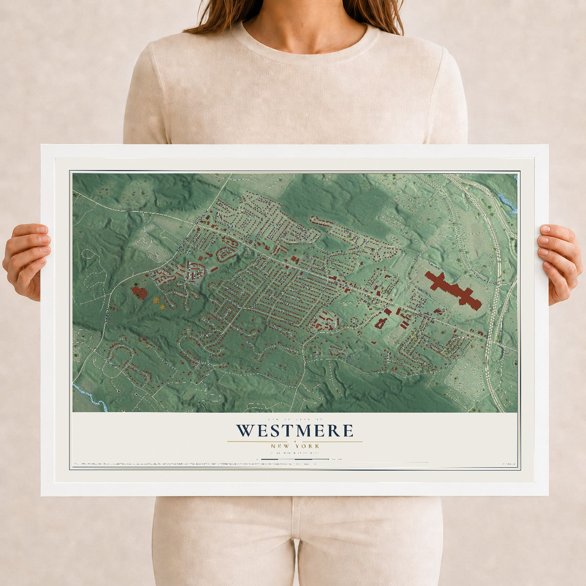 Westmere, New York map print, 12" x 18" W/ White Ayous Wood Frame mockup