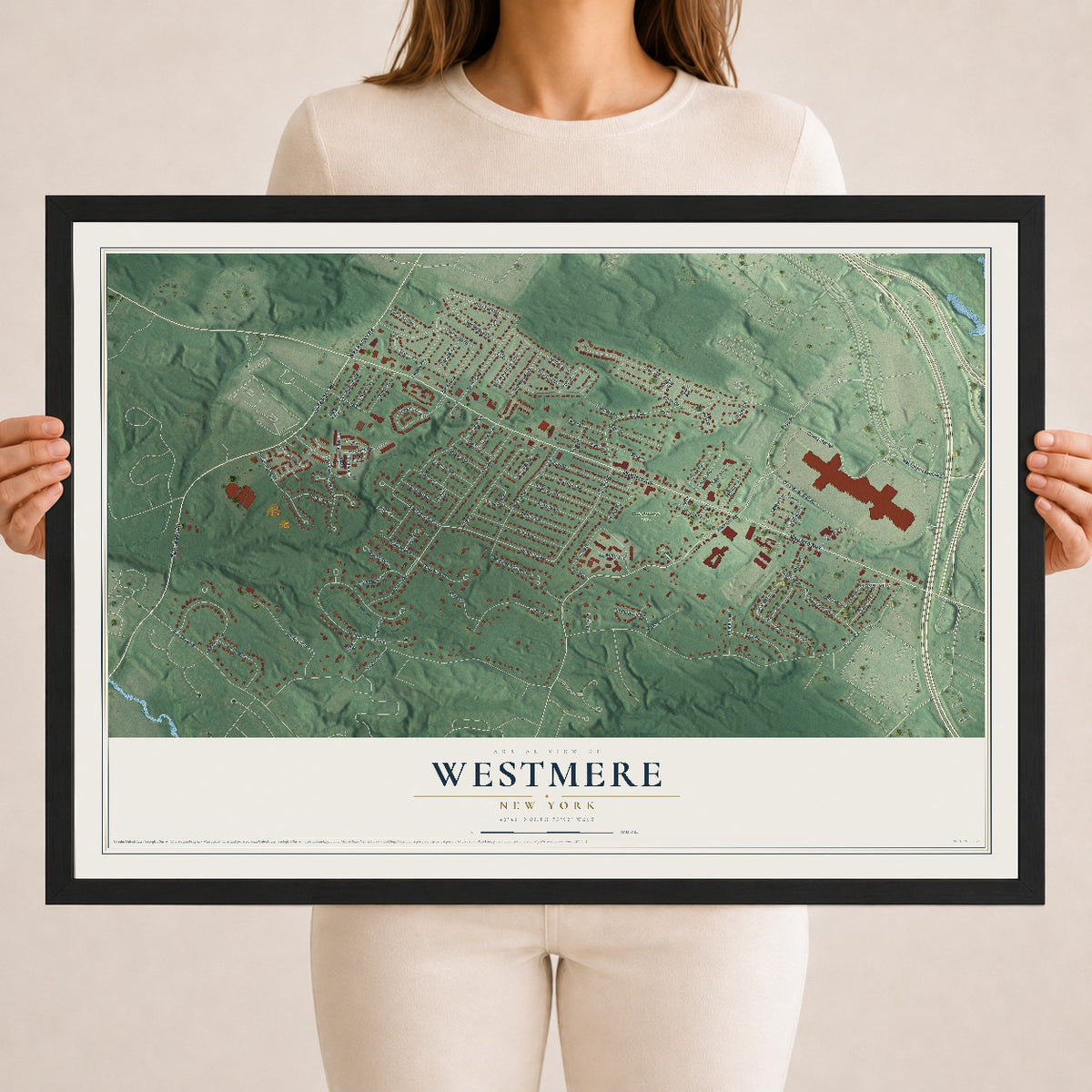 Westmere, New York map print, 18" x 24" W/ Black Ayous Wood Frame mockup