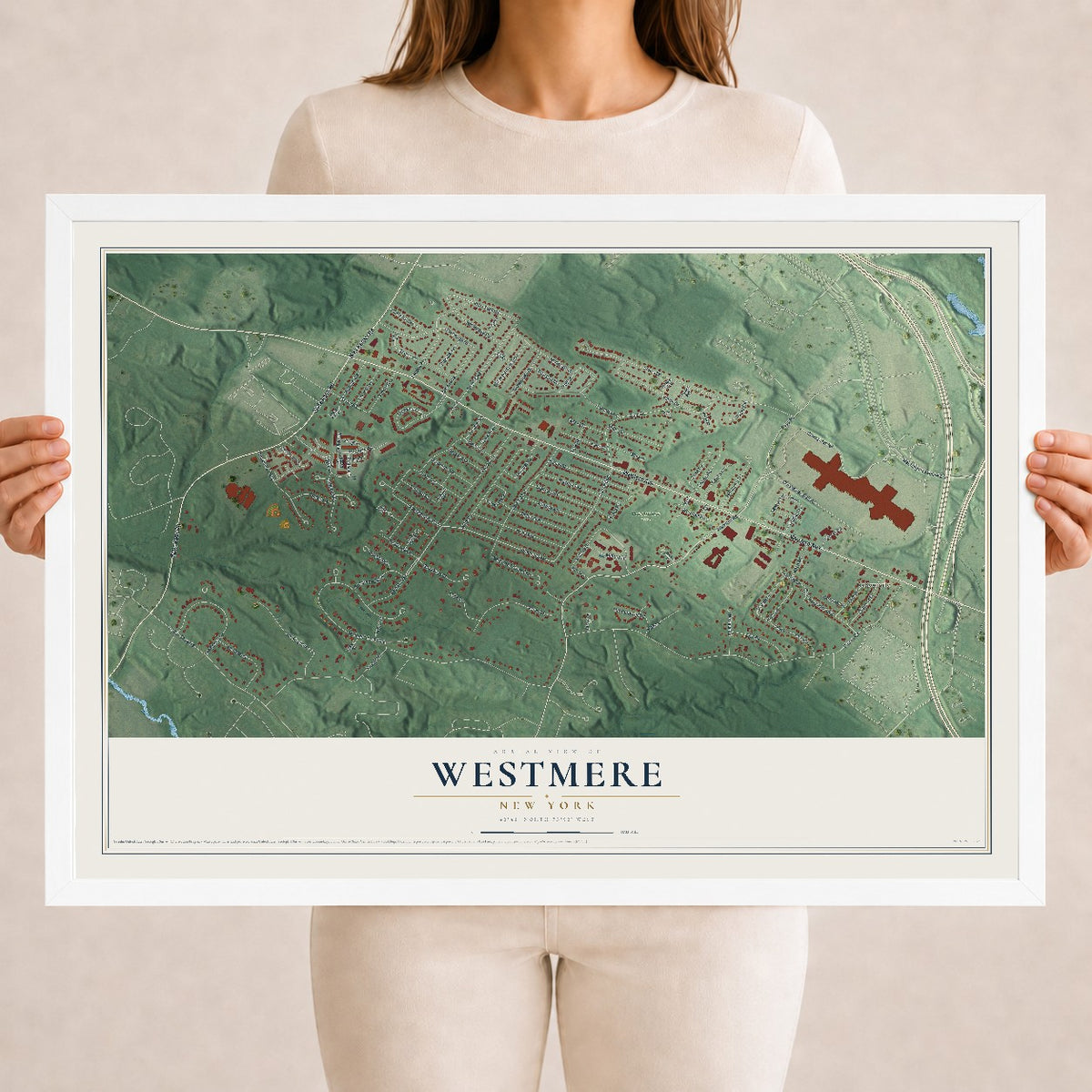 Westmere, New York map print, 18" x 24" W/ White Ayous Wood Frame mockup