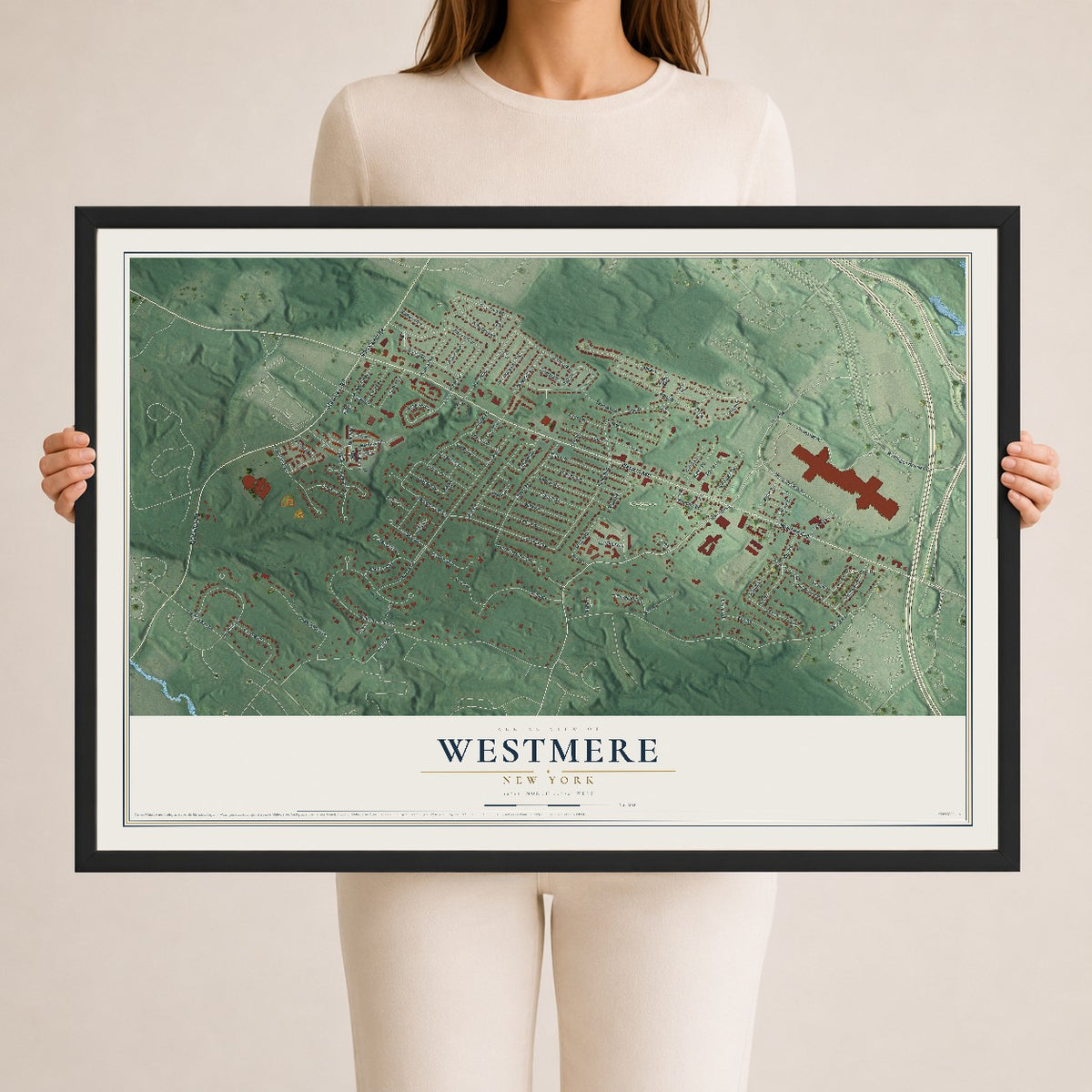 Westmere, New York map print, 24" x 36" W/ Black Ayous Wood Frame mockup