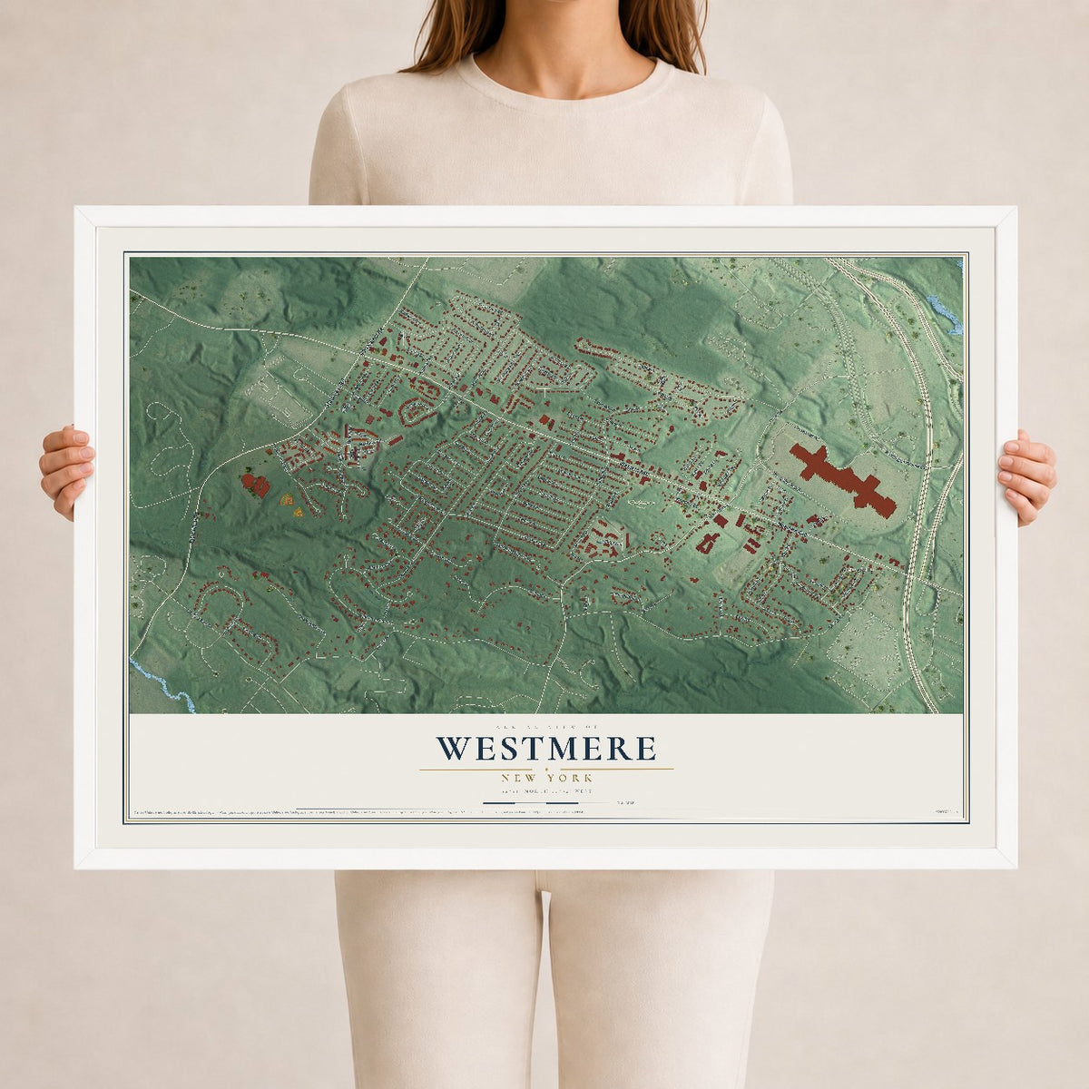 Westmere, New York map print, 24" x 36" W/ White Ayous Wood Frame mockup