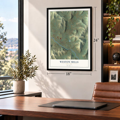 Weston Mills, New York map, 18 x 24 inch print in a black frame in a home office