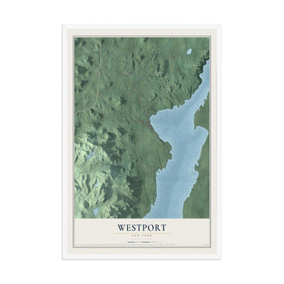 Westport, New York map print, 12" x 18" W/ White Ayous Wood Frame mockup