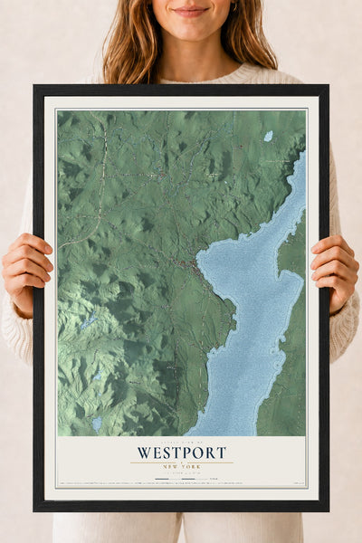 Westport, New York map print, 18" x 24" W/ Black Ayous Wood Frame mockup