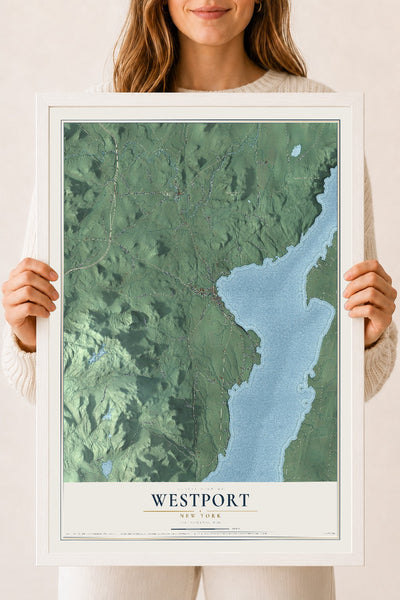 Westport, New York map print, 18" x 24" W/ White Ayous Wood Frame mockup