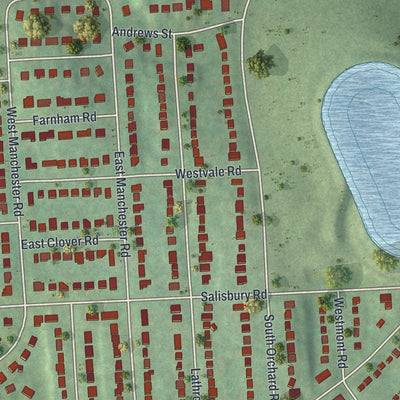 Close-up of the map of Westvale, New York print showing street and building detail