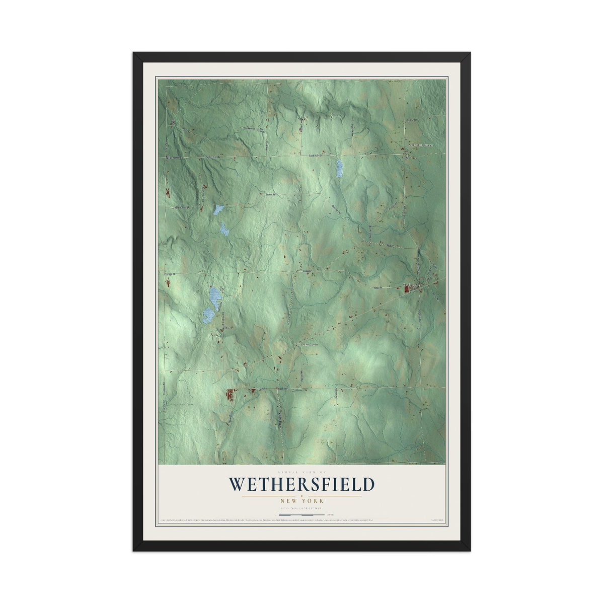Wethersfield, New York map print, 12" x 18" W/ Black Ayous Wood Frame mockup