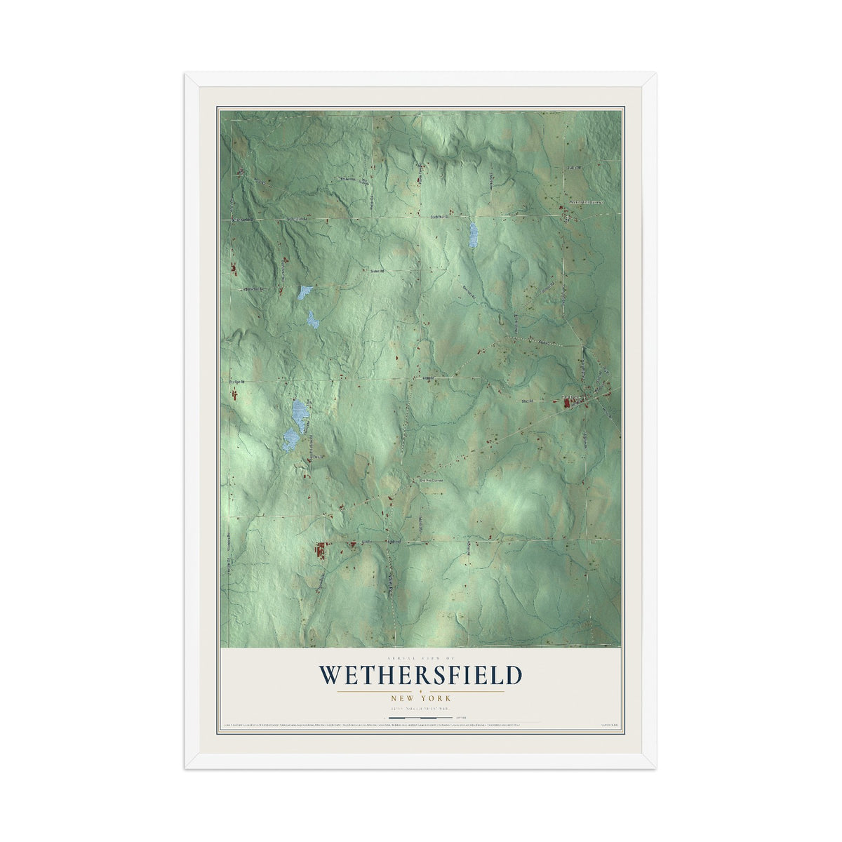 Wethersfield, New York map print, 12" x 18" W/ White Ayous Wood Frame mockup