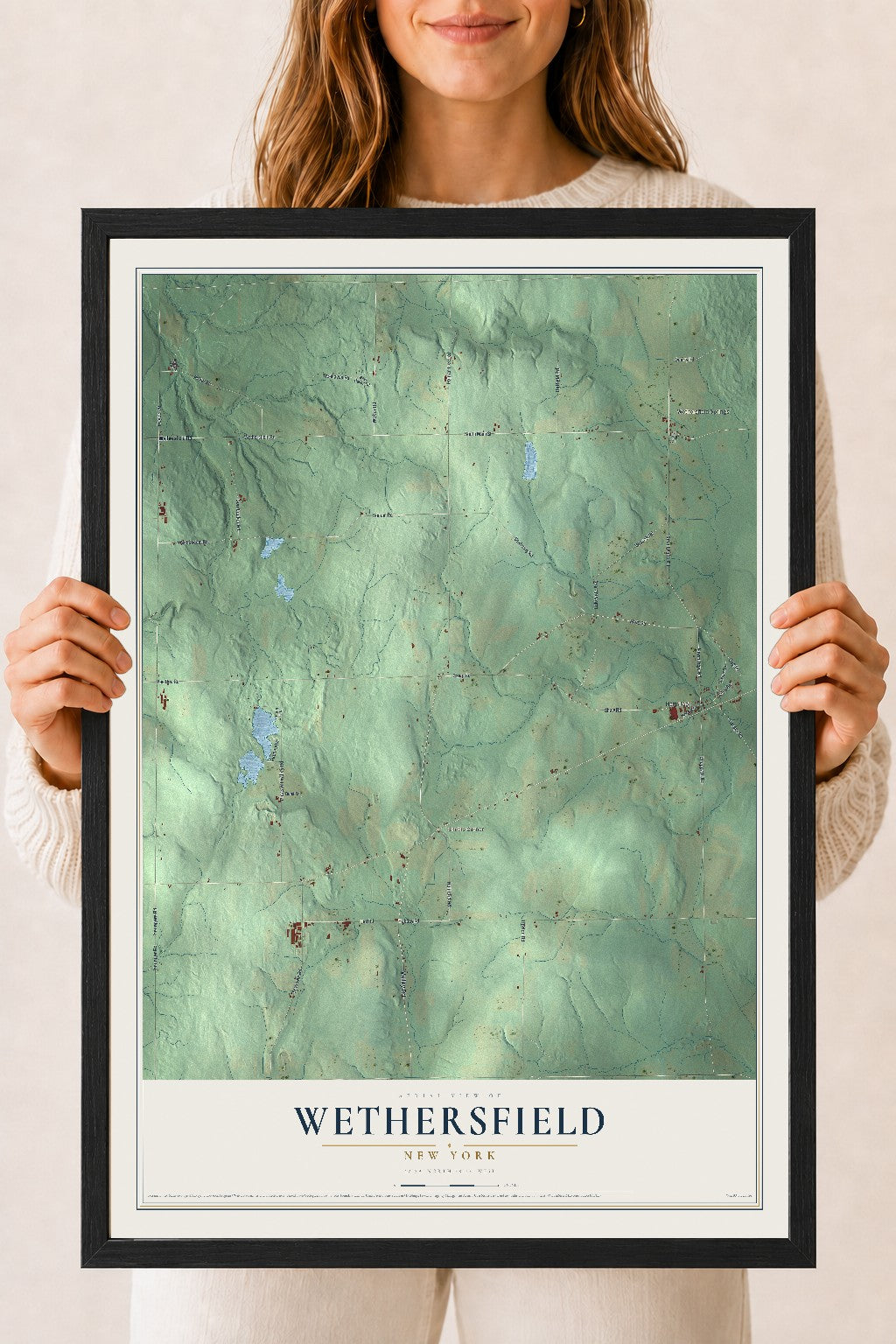 Wethersfield, New York map print, 18" x 24" W/ Black Ayous Wood Frame mockup