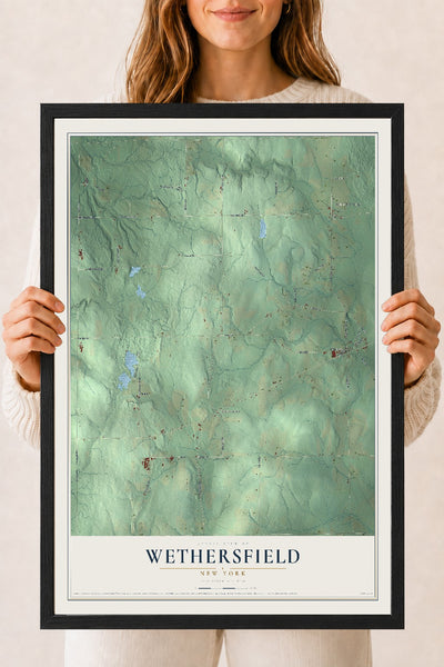 Wethersfield, New York map print, 18" x 24" W/ Black Ayous Wood Frame mockup