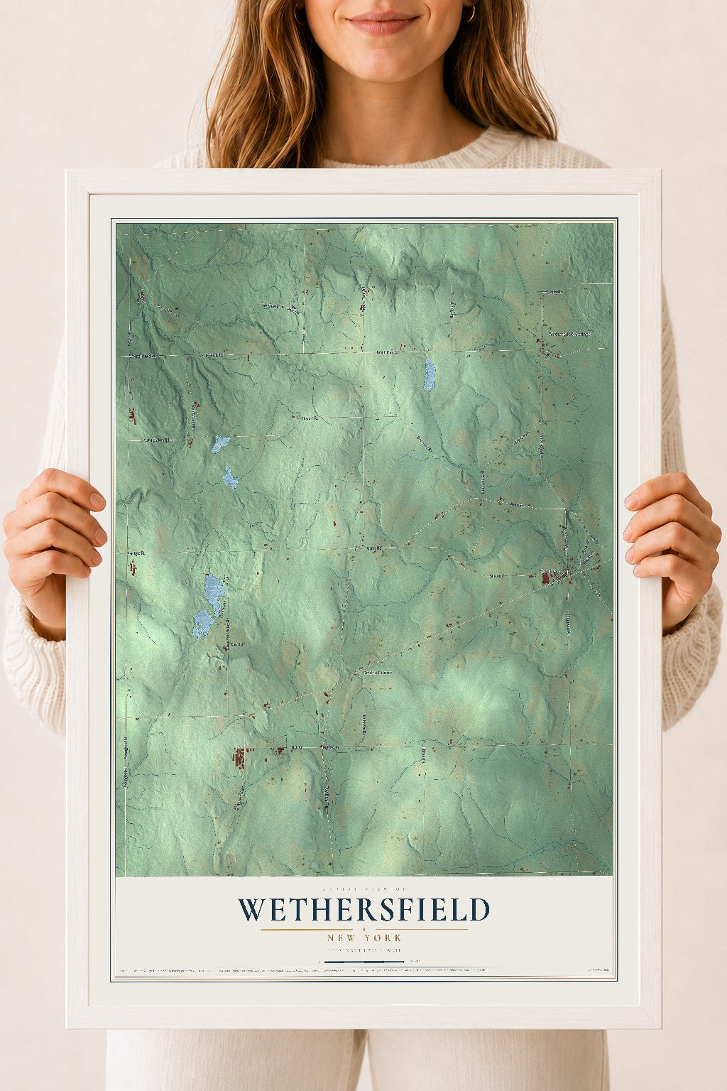 Wethersfield, New York map print, 18" x 24" W/ White Ayous Wood Frame mockup