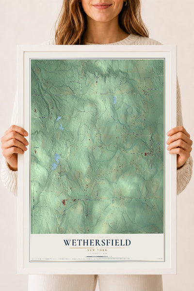 Wethersfield, New York map print, 18" x 24" W/ White Ayous Wood Frame mockup