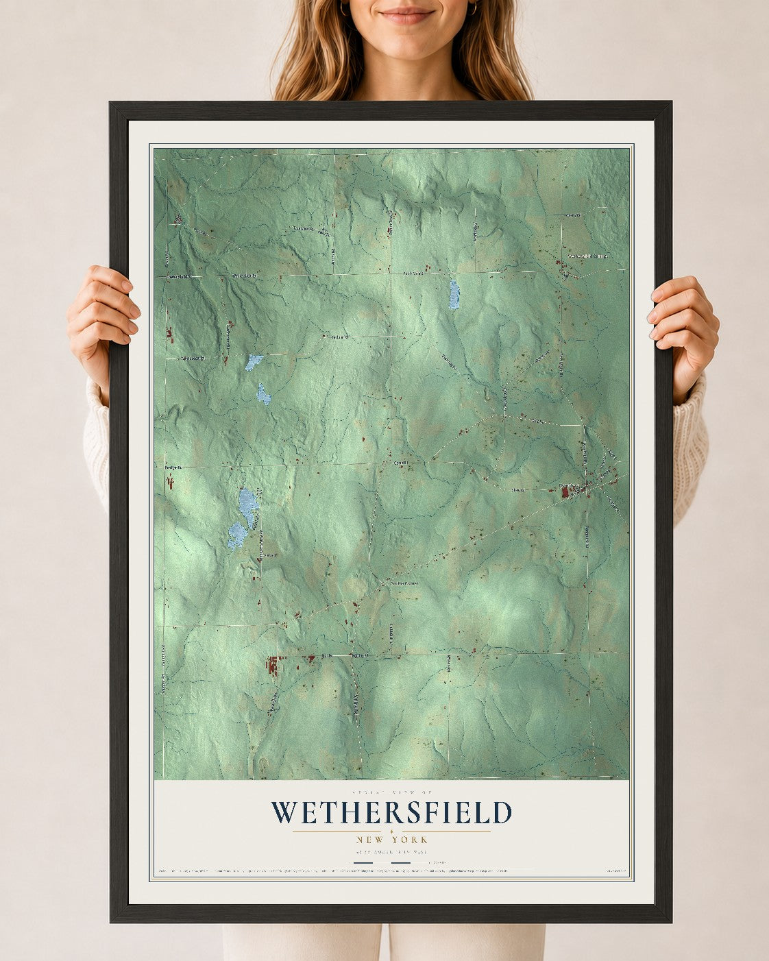 Wethersfield, New York map print, 24" x 36" W/ Black Ayous Wood Frame mockup