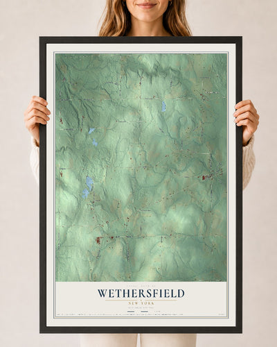 Wethersfield, New York map print, 24" x 36" W/ Black Ayous Wood Frame mockup