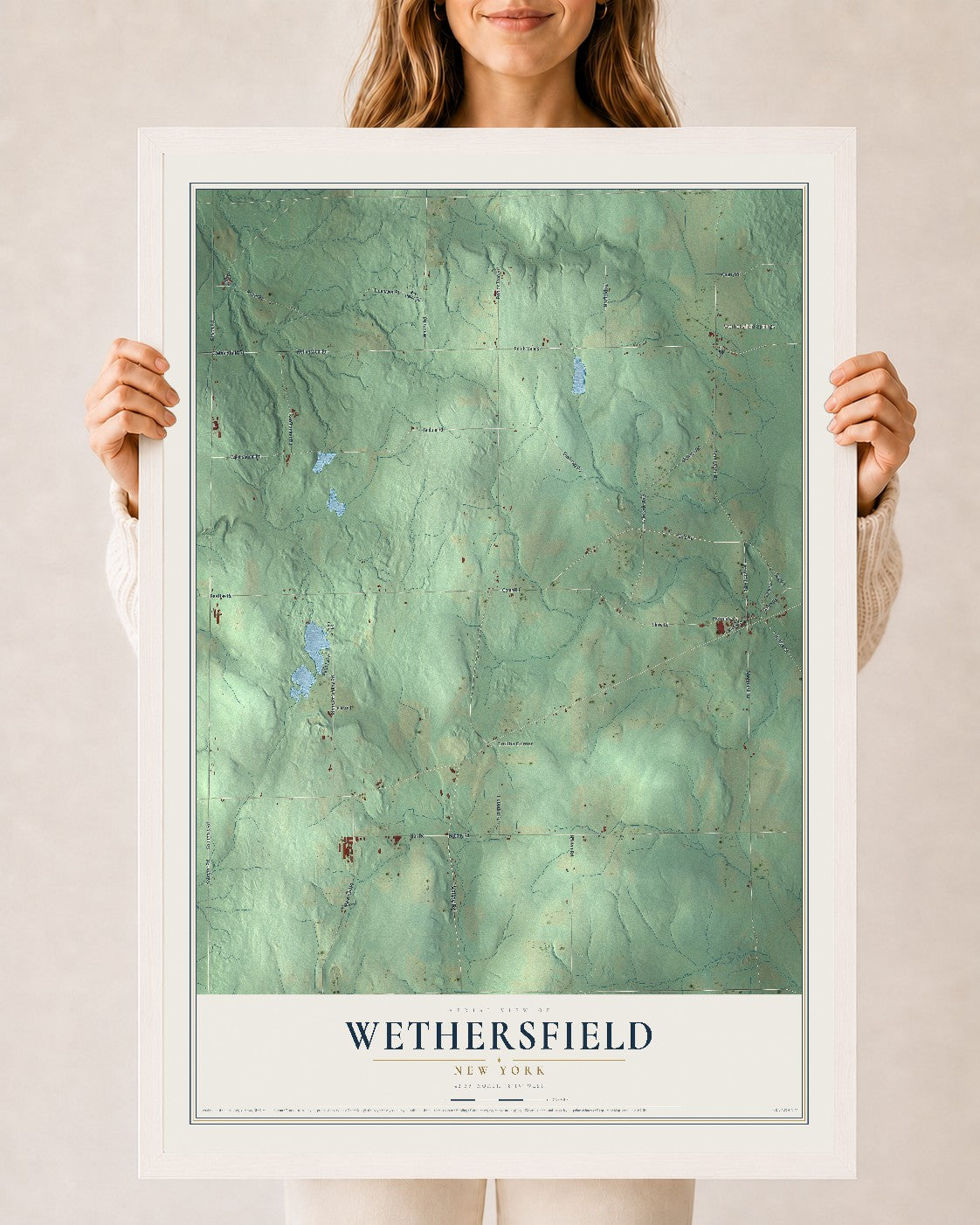Wethersfield, New York map print, 24" x 36" W/ White Ayous Wood Frame mockup