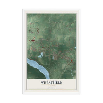 Wheatfield, New York map print, 12" x 18" W/ White Ayous Wood Frame mockup