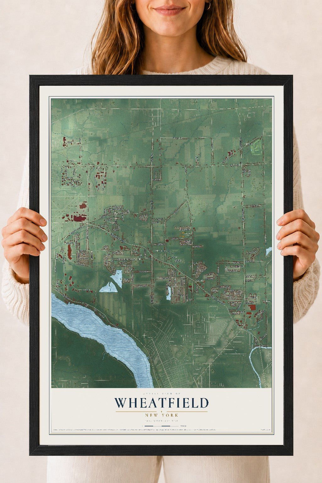 Wheatfield, New York map print, 18" x 24" W/ Black Ayous Wood Frame mockup