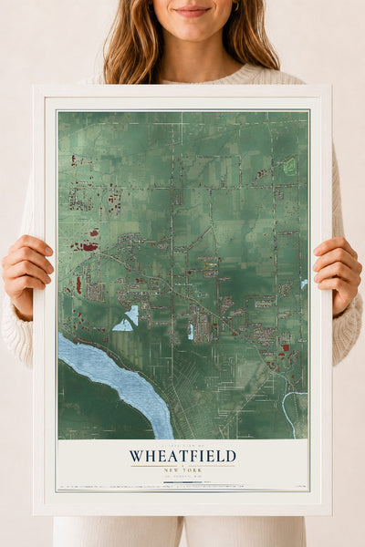 Wheatfield, New York map print, 18" x 24" W/ White Ayous Wood Frame mockup