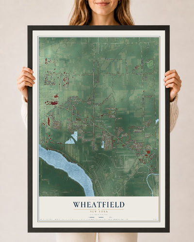 Wheatfield, New York map print, 24" x 36" W/ Black Ayous Wood Frame mockup