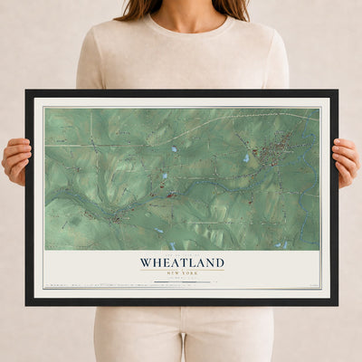 Wheatland, New York map print, 12" x 18" W/ Black Ayous Wood Frame mockup