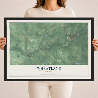 Wheatland, New York map print, 18" x 24" W/ Black Ayous Wood Frame mockup