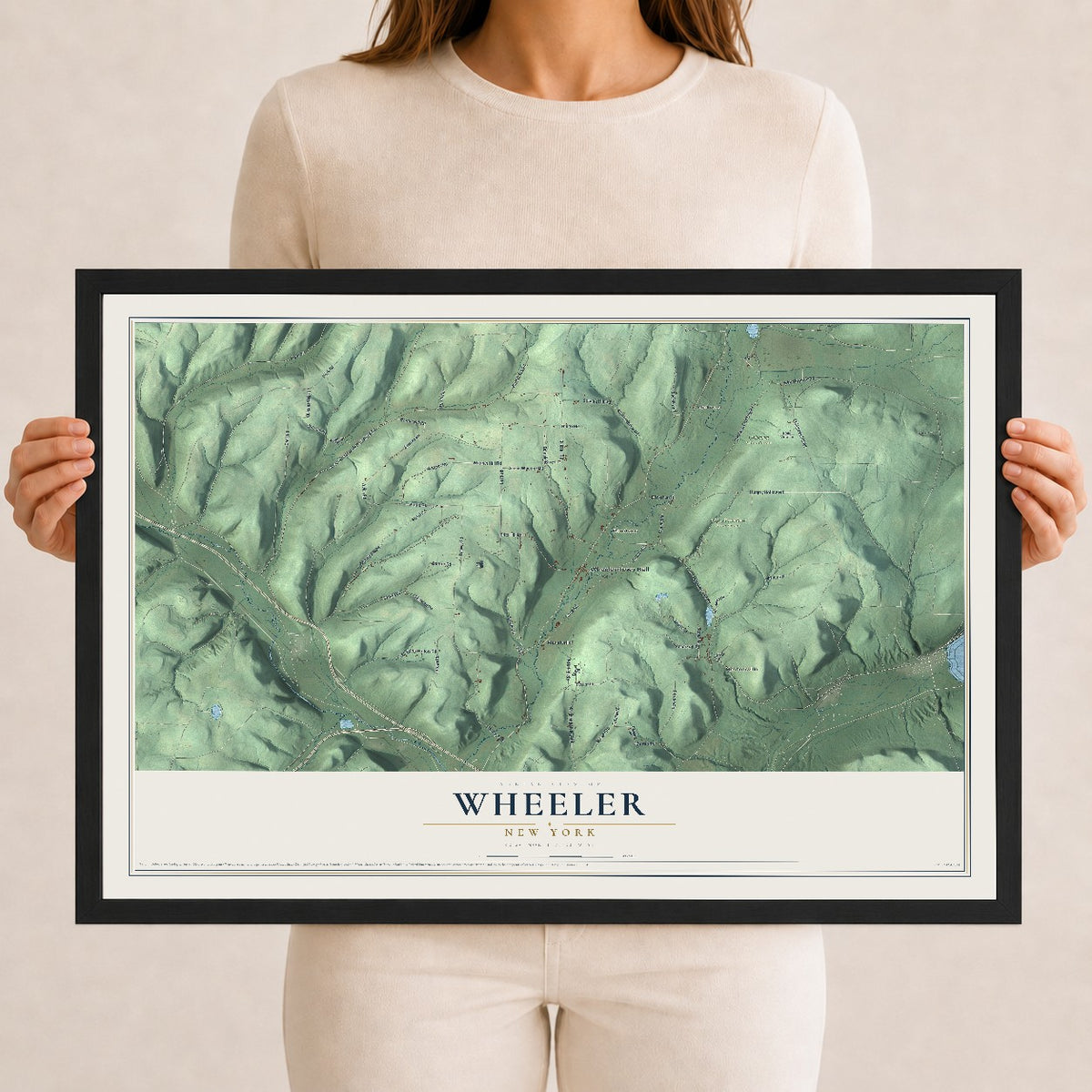 Wheeler, New York map print, 12" x 18" W/ Black Ayous Wood Frame mockup