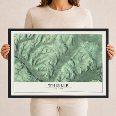 Wheeler, New York map print, 12" x 18" W/ Black Ayous Wood Frame mockup