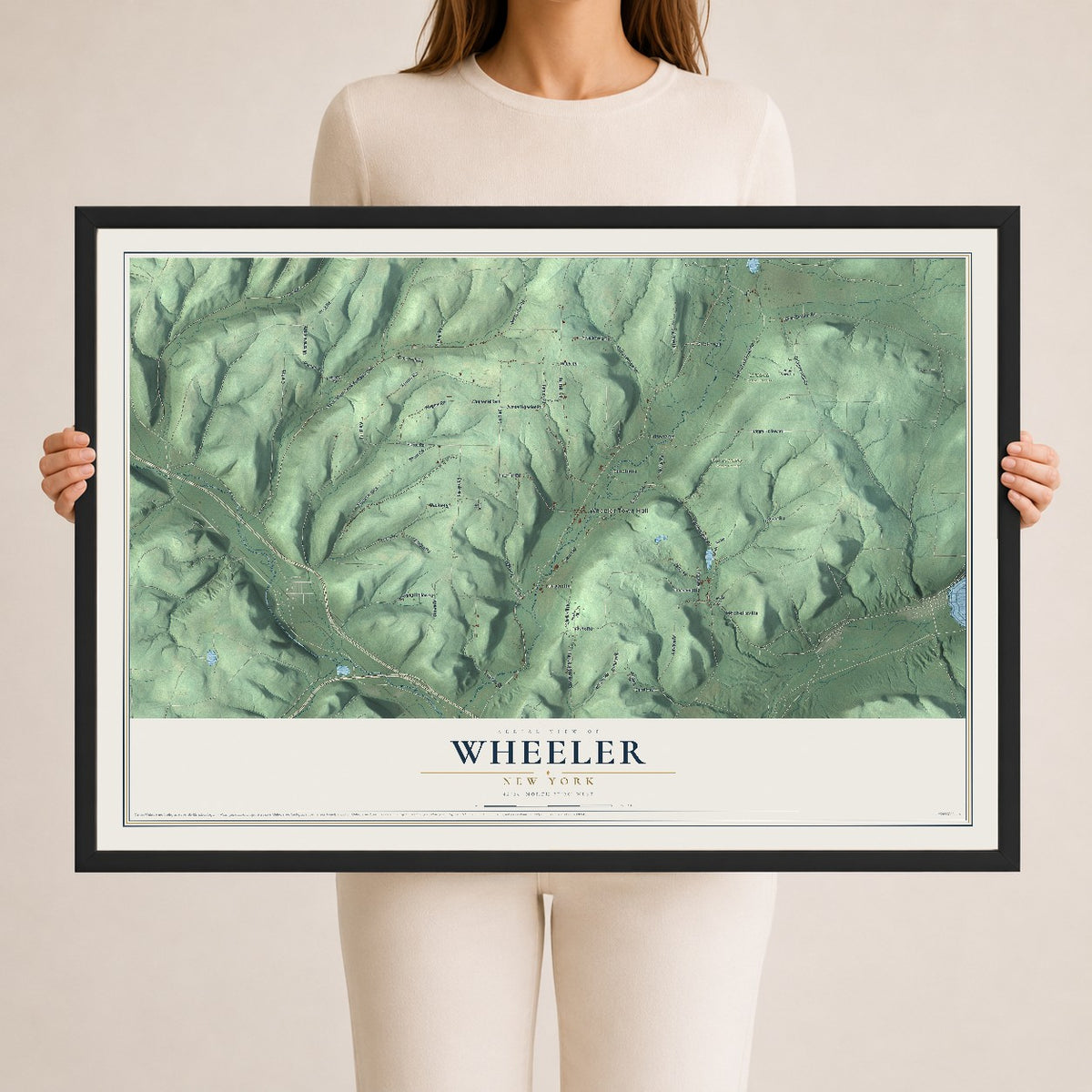 Wheeler, New York map print, 24" x 36" W/ Black Ayous Wood Frame mockup