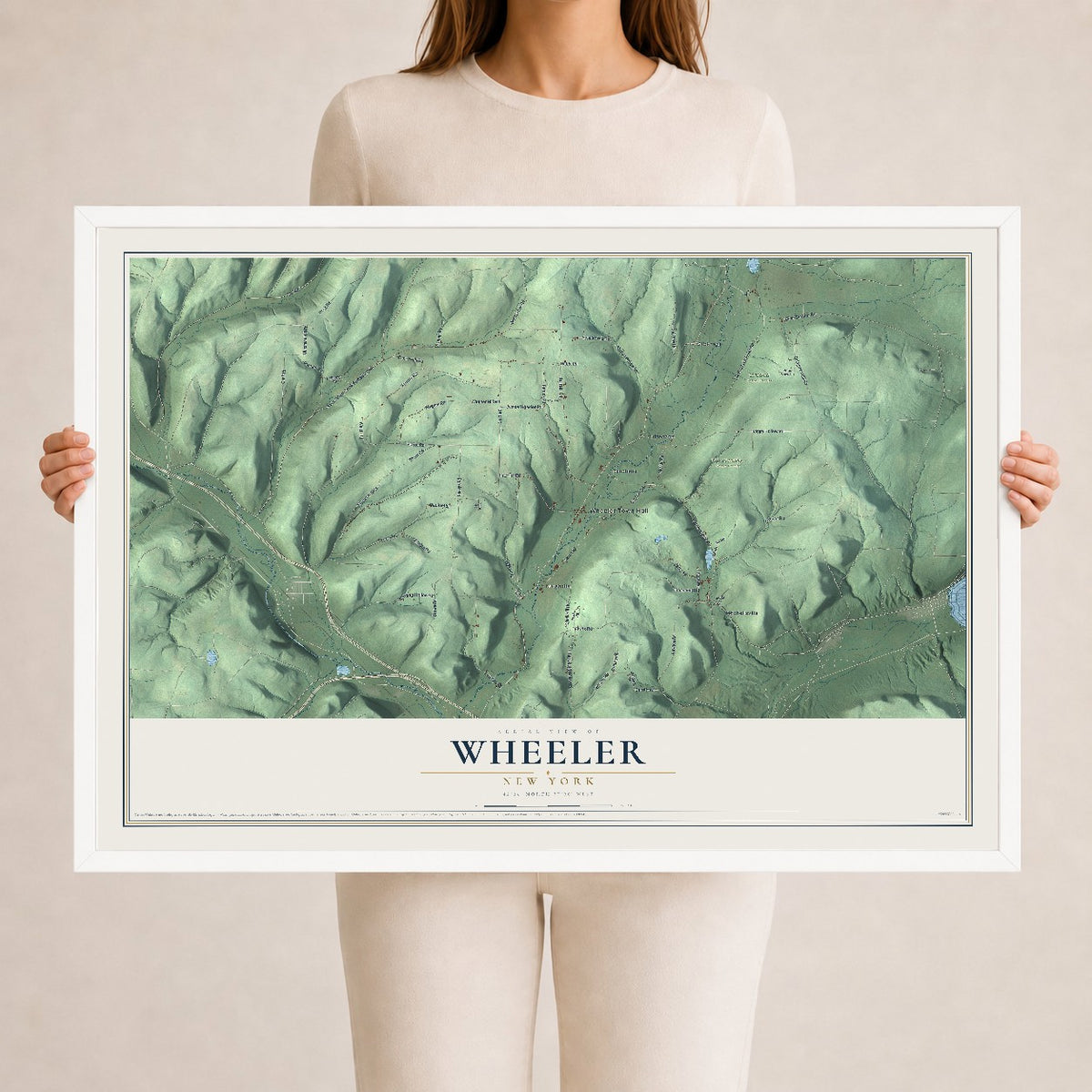 Wheeler, New York map print, 24" x 36" W/ White Ayous Wood Frame mockup