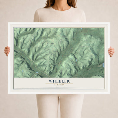 Wheeler, New York map print, 24" x 36" W/ White Ayous Wood Frame mockup
