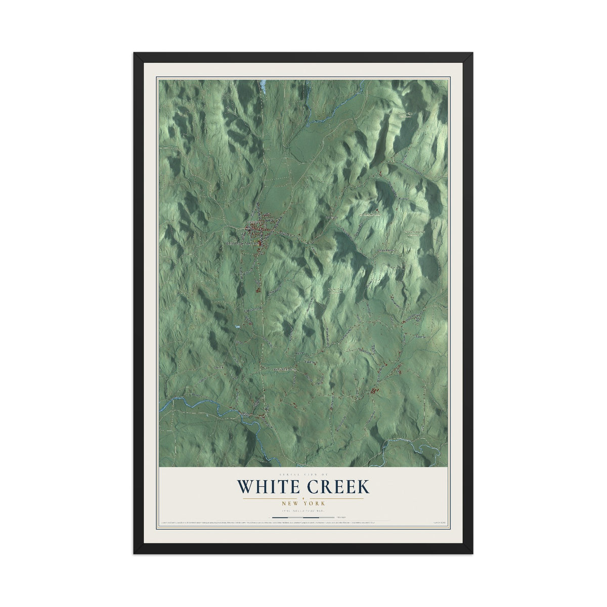 White Creek, New York map print, 12" x 18" W/ Black Ayous Wood Frame mockup