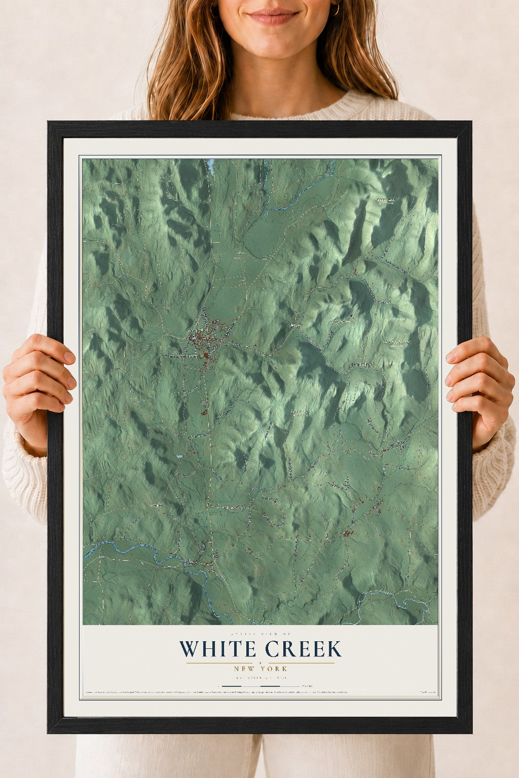 White Creek, New York map print, 18" x 24" W/ Black Ayous Wood Frame mockup