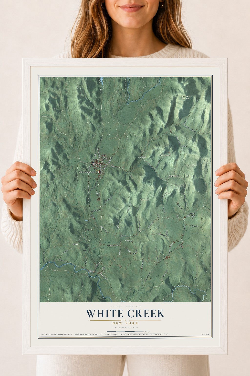White Creek, New York map print, 18" x 24" W/ White Ayous Wood Frame mockup