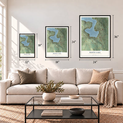 White Lake, New York map in 12 x 18, 18 x 24 and 24 x 36 inch sizes above a sofa