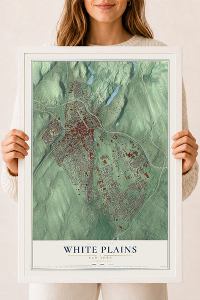 White Plains, New York map print, 18" x 24" W/ White Ayous Wood Frame mockup