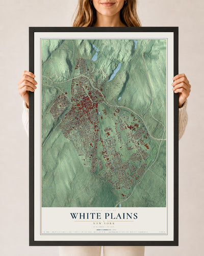 White Plains, New York map print, 24" x 36" W/ Black Ayous Wood Frame mockup