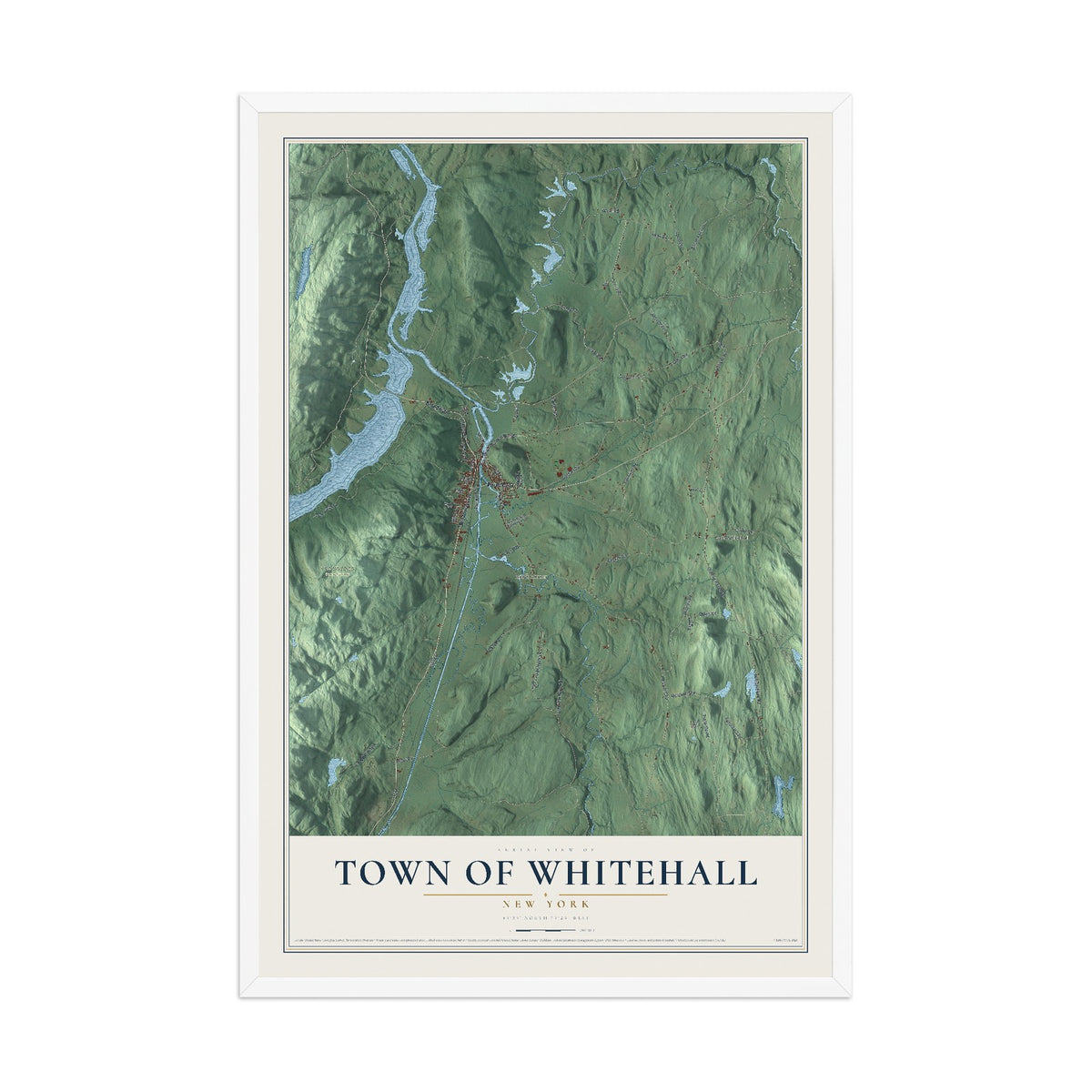 Whitehall, New York map print, 12" x 18" W/ White Ayous Wood Frame mockup