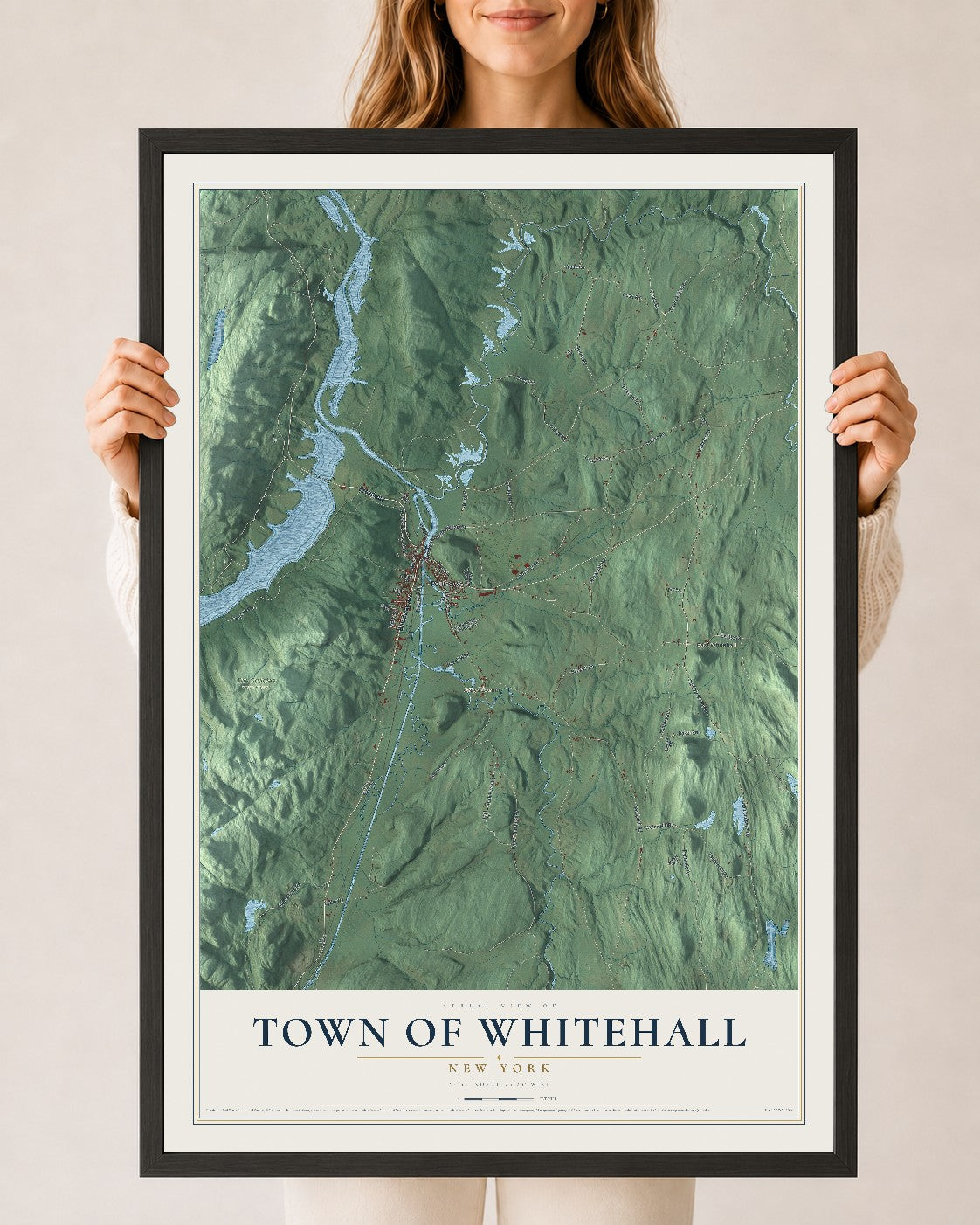 Whitehall, New York map print, 24" x 36" W/ Black Ayous Wood Frame mockup