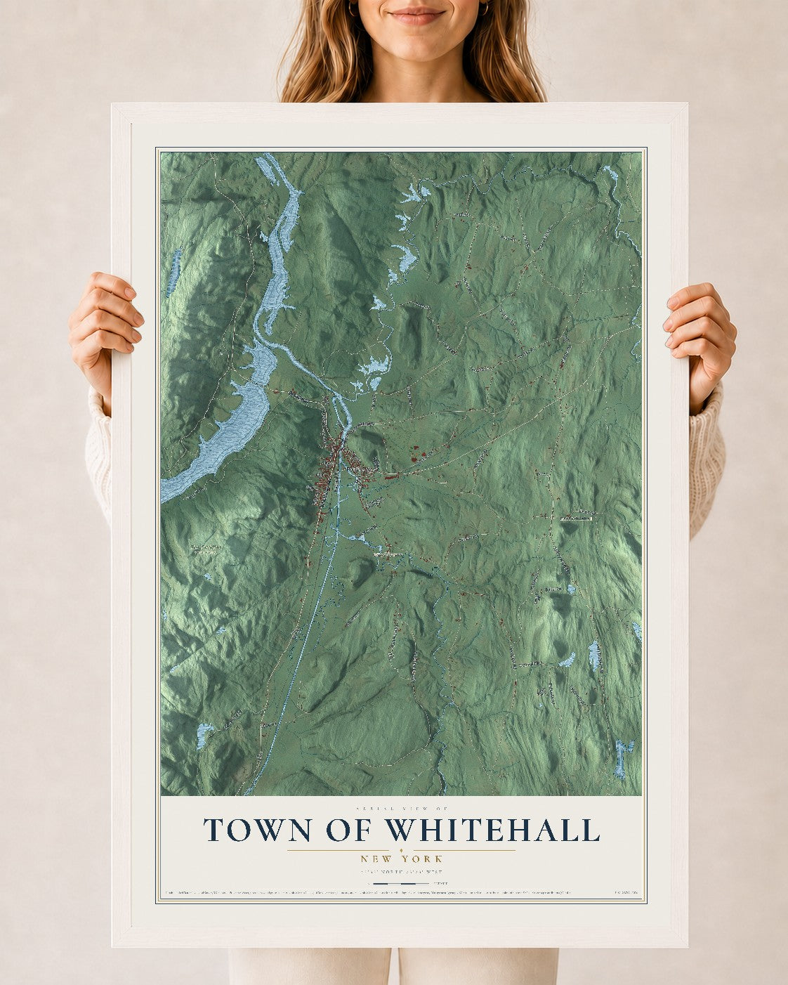 Whitehall, New York map print, 24" x 36" W/ White Ayous Wood Frame mockup