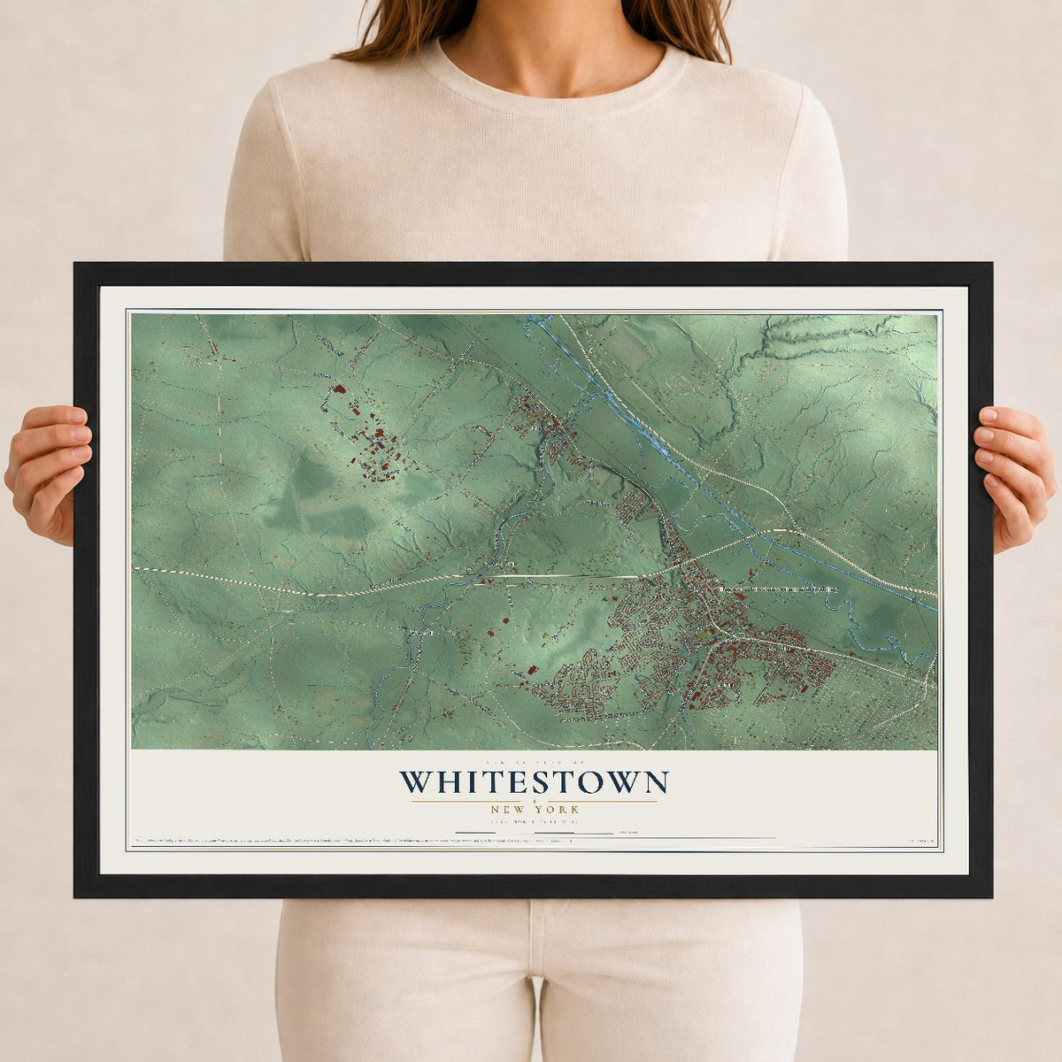 Whitestown, New York map print, 12" x 18" W/ Black Ayous Wood Frame mockup