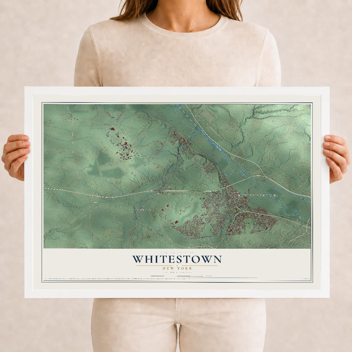 Whitestown, New York map print, 12" x 18" W/ White Ayous Wood Frame mockup