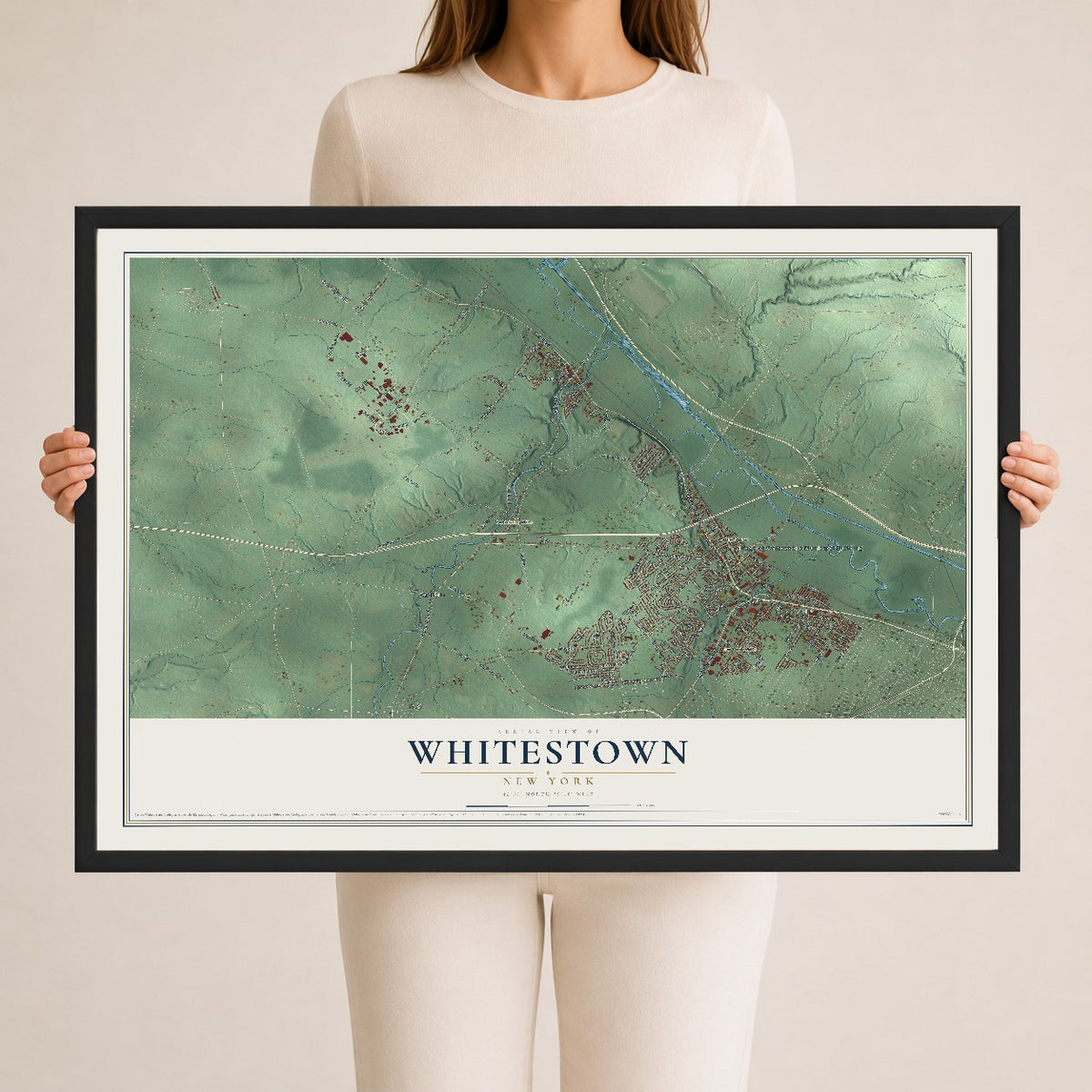 Whitestown, New York map print, 24" x 36" W/ Black Ayous Wood Frame mockup