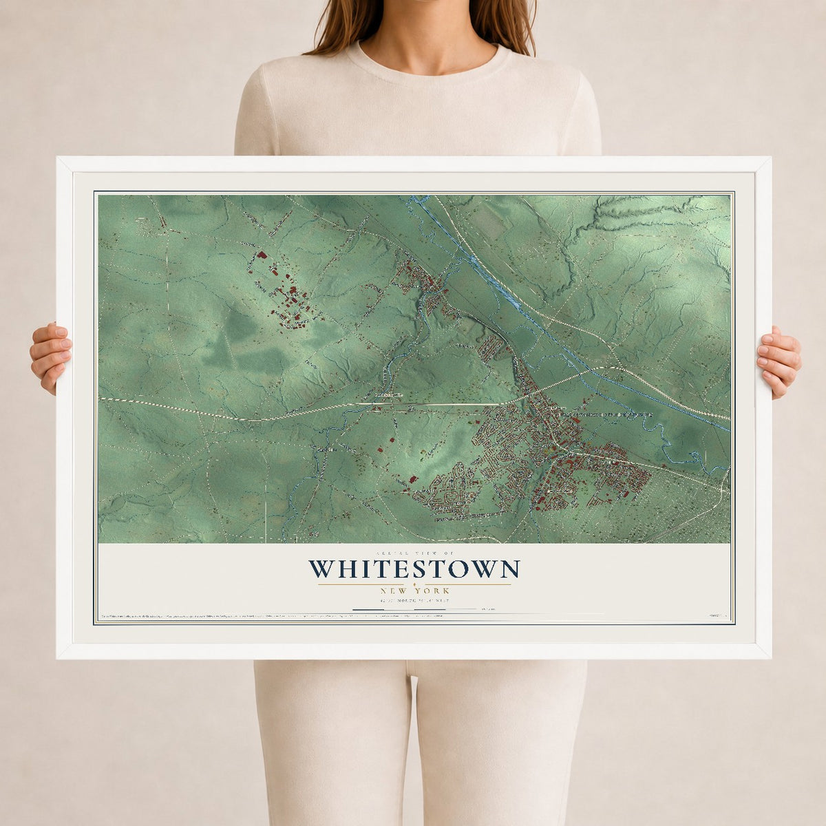 Whitestown, New York map print, 24" x 36" W/ White Ayous Wood Frame mockup