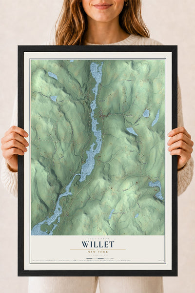 Willet, New York map print, 18" x 24" W/ Black Ayous Wood Frame mockup