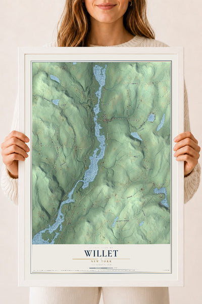 Willet, New York map print, 18" x 24" W/ White Ayous Wood Frame mockup