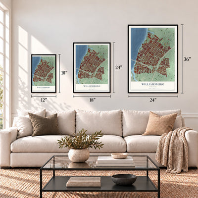 Williamsburg, New York map in 12 x 18, 18 x 24 and 24 x 36 inch sizes above a sofa