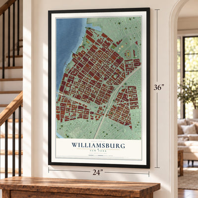 Williamsburg, New York map, 24 x 36 inch print in a black frame by a staircase